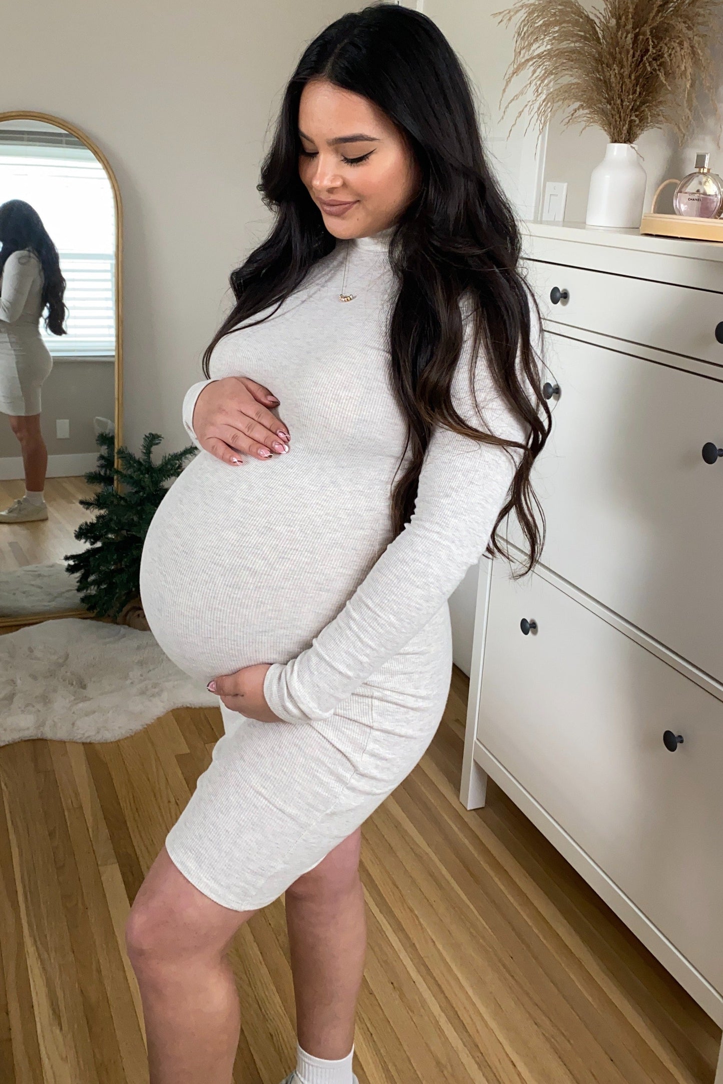 Beige Ribbed Mock Neck Fitted Maternity Dress