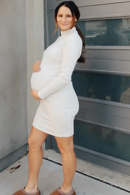 Beige Ribbed Mock Neck Fitted Maternity Dress