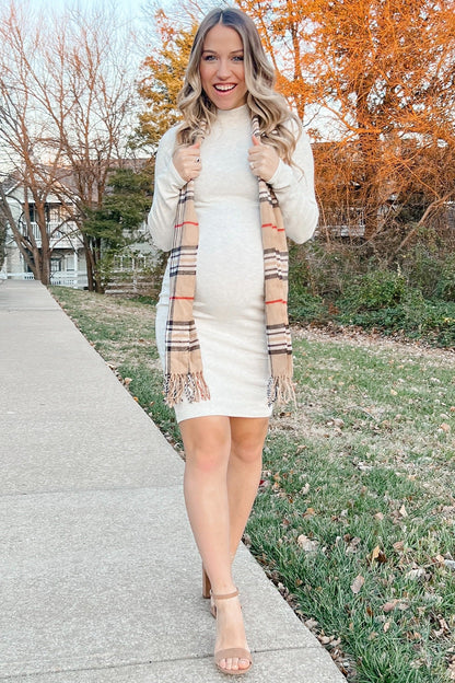 Beige Ribbed Mock Neck Fitted Maternity Dress