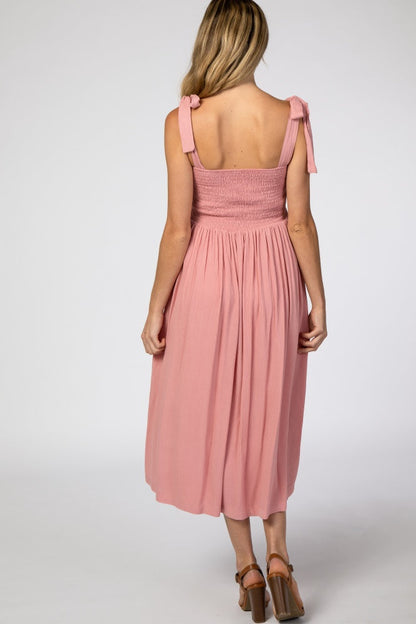 Pink Smocked Tie Strap Maternity Midi Dress