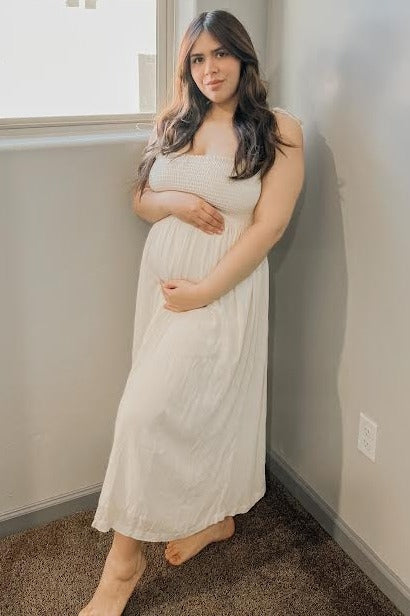 Beige Smocked Tie Strap Maternity Midi Dress