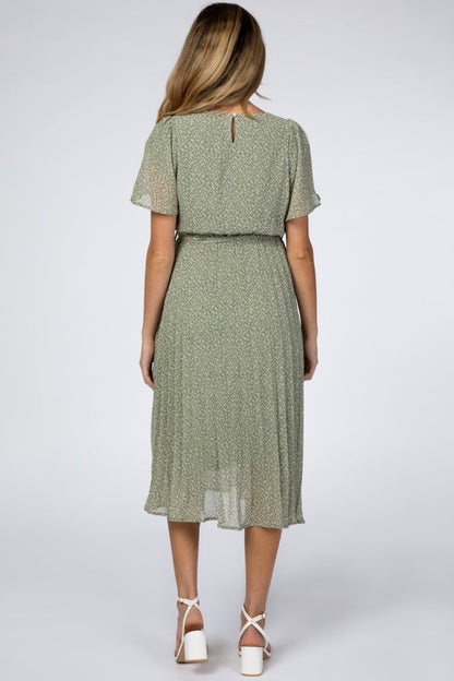 Light Olive Leaf Print Pleated Maternity Midi Dress