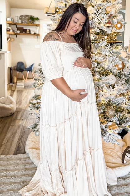 Cream Off Shoulder Ruffle Tiered Maternity Maxi Dress