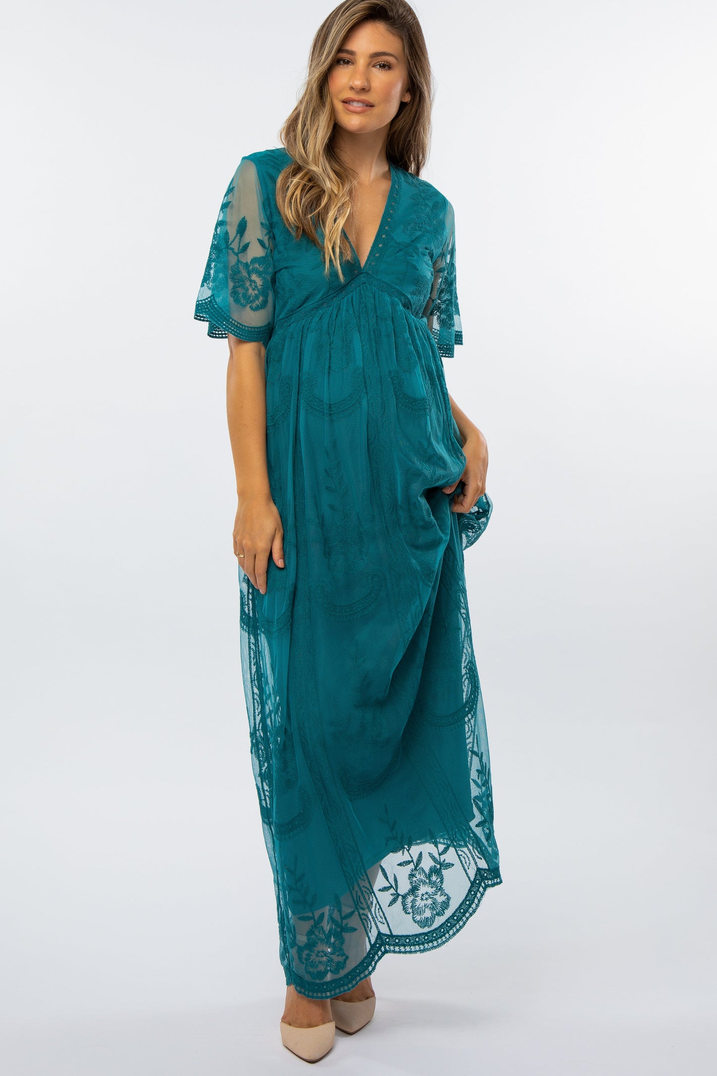 Teal Lace Mesh Overlay Maternity Maxi Dress