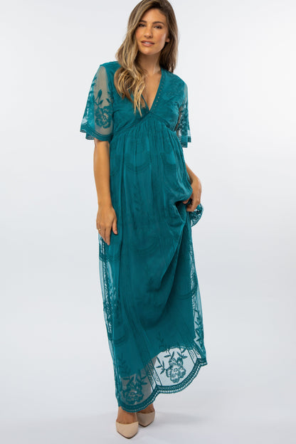 Teal Lace Mesh Overlay Maternity Maxi Dress