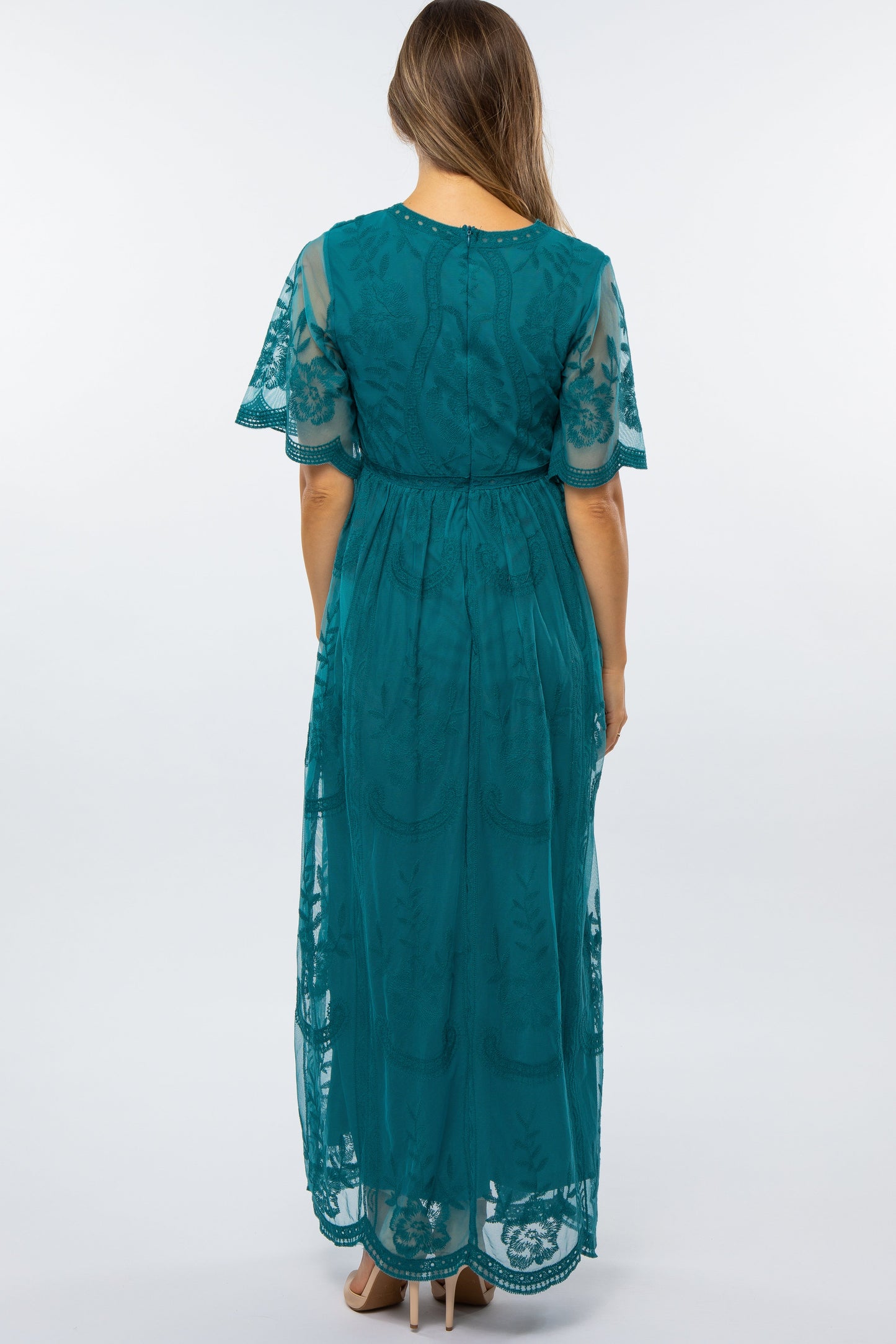 Teal Lace Mesh Overlay Maternity Maxi Dress