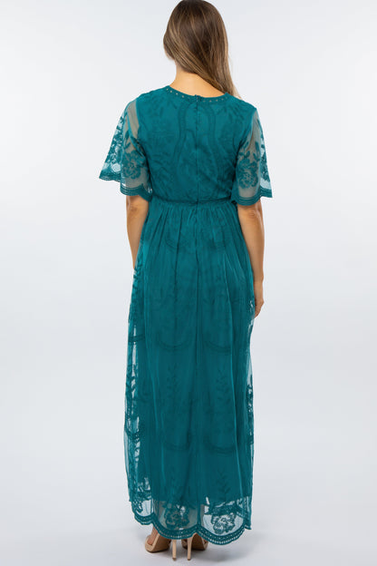 Teal Lace Mesh Overlay Maternity Maxi Dress