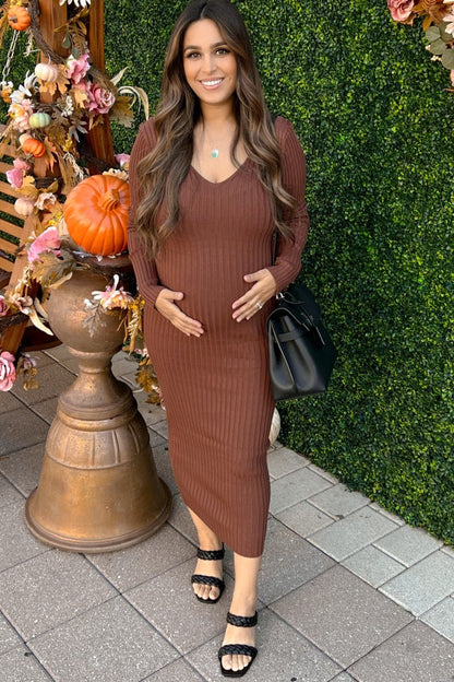 Mocha V-Neck Long Sleeve Fitted Maternity Maxi Dress