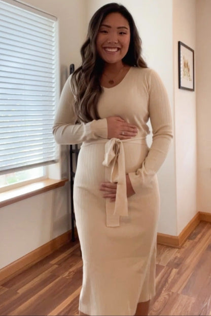 Beige Tie Front Maternity Sweater Midi Dress