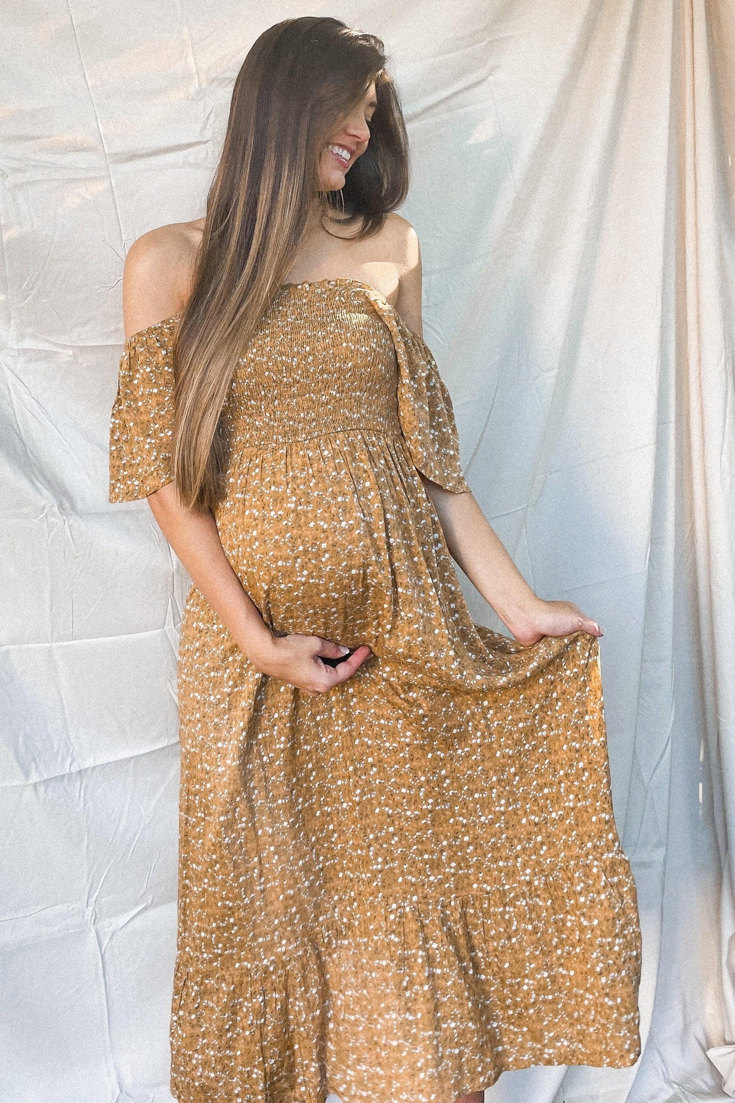 Mustard Floral Smocked Maternity Maxi Dress