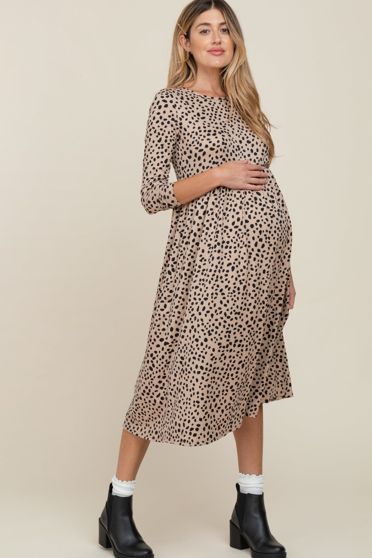 Taupe Abstract Animal Print Maternity Midi Dress