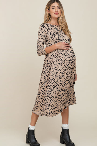 Taupe Abstract Animal Print Maternity Midi Dress