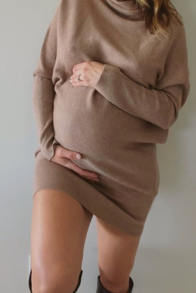 Taupe Funnel Neck Dolman Sleeve Maternity Mini Dress