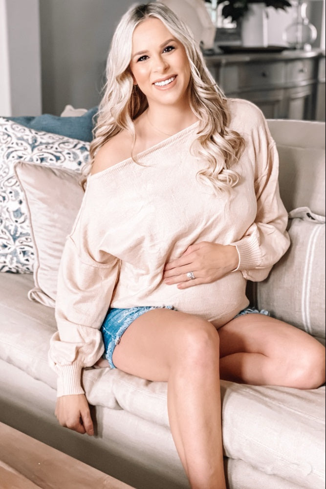 Beige Boat Neck Bubble Sleeve Maternity Sweater