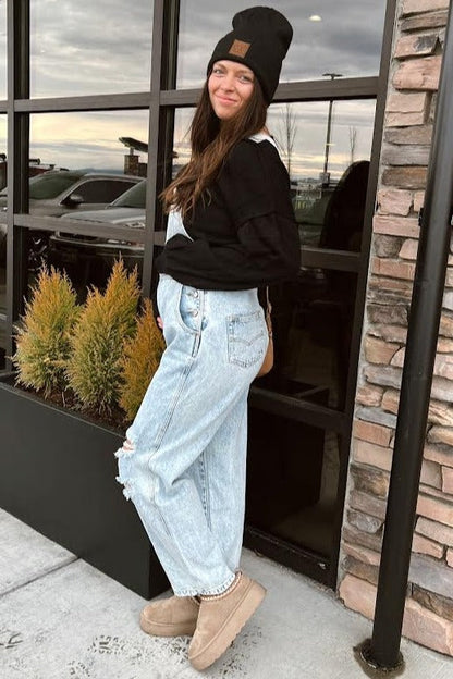 Black Boat Neck Bubble Sleeve Maternity Sweater