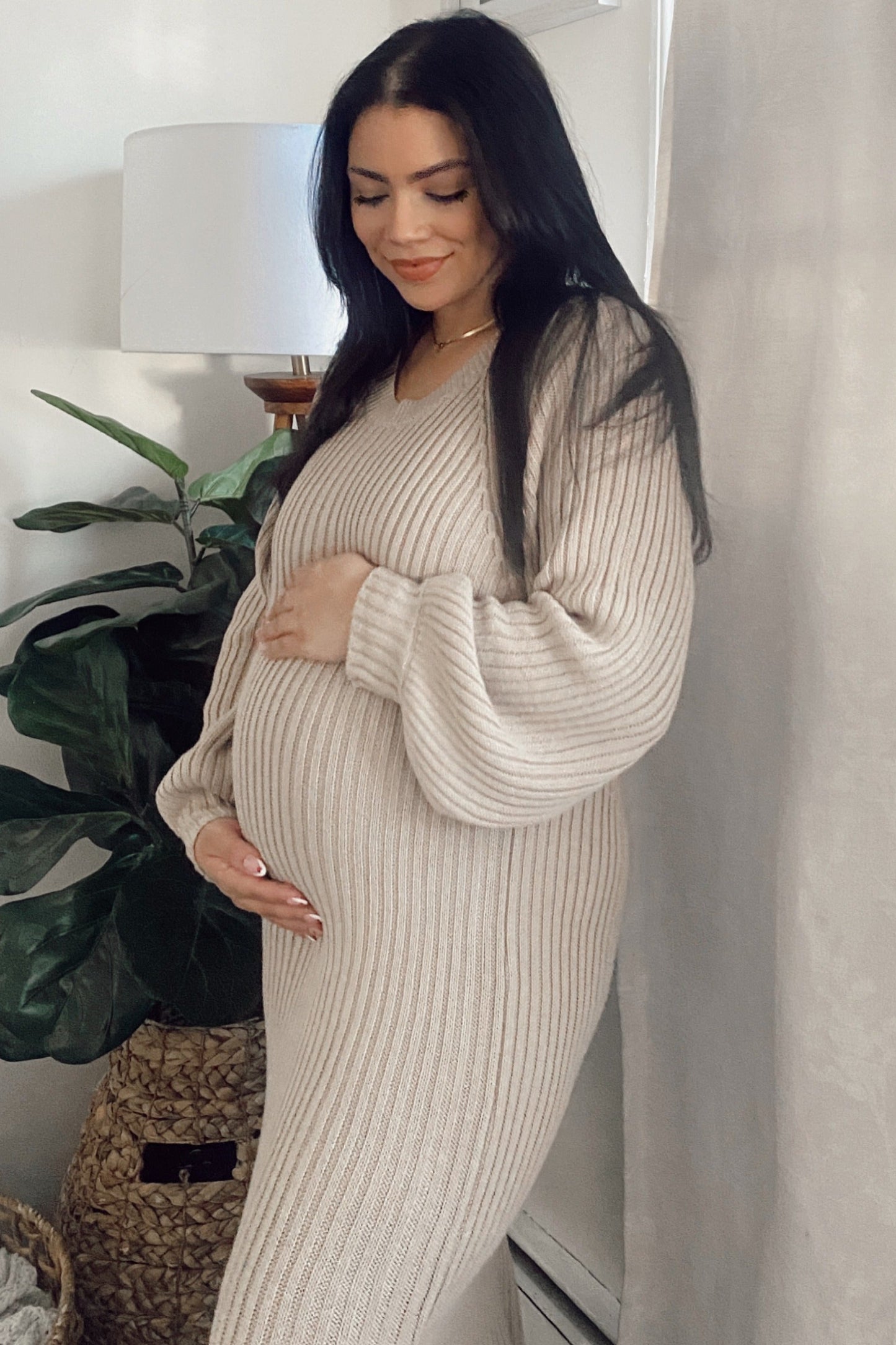 Beige Side Slit Maternity Maxi Sweater Dress