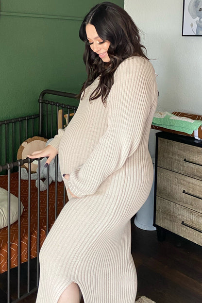 Beige Side Slit Maternity Maxi Sweater Dress