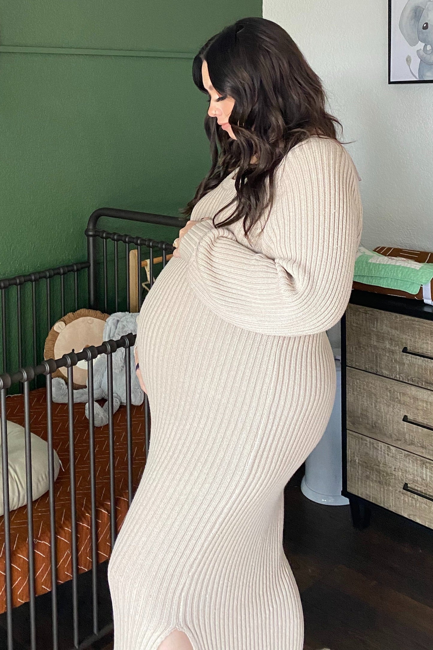 Beige Side Slit Maternity Maxi Sweater Dress