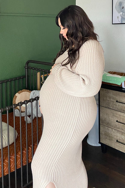 Beige Side Slit Maternity Maxi Sweater Dress