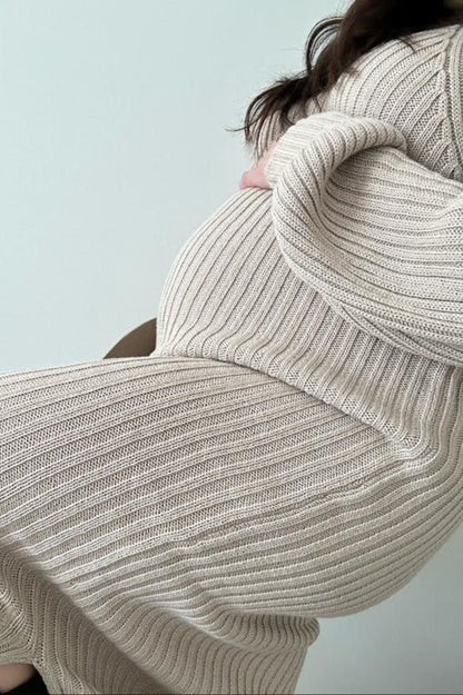 Beige Side Slit Maternity Maxi Sweater Dress