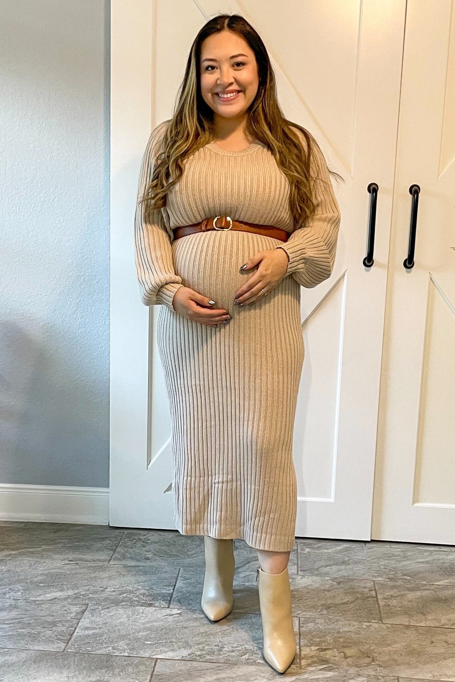 Beige Side Slit Maternity Maxi Sweater Dress