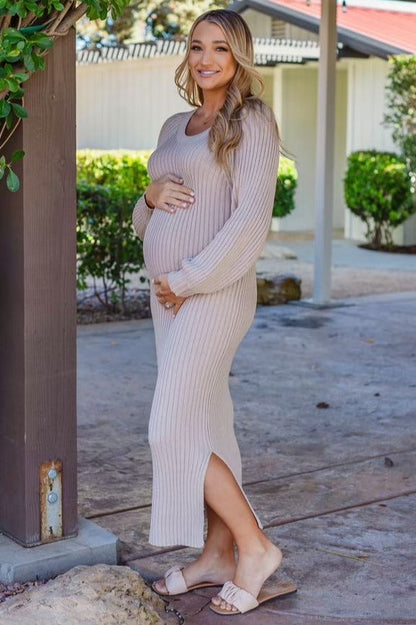 Beige Side Slit Maternity Maxi Sweater Dress