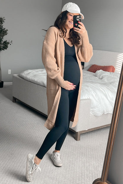 Taupe Bubble Sleeve Long Maternity Cardigan