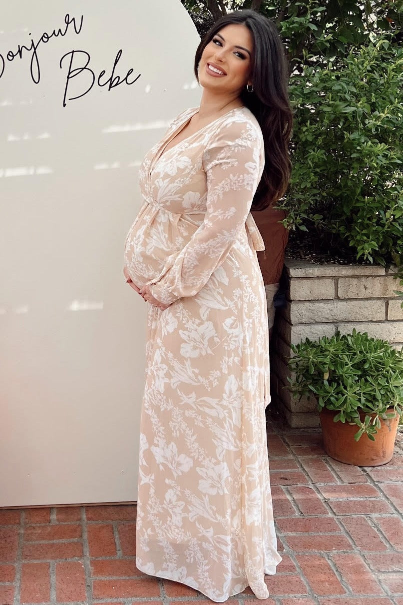 Taupe Floral Chiffon Maternity Maxi Dress