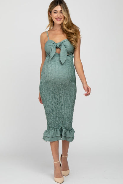 Green Gingham Print Smocked Fitted Self-Tie Maternity Midi Dress