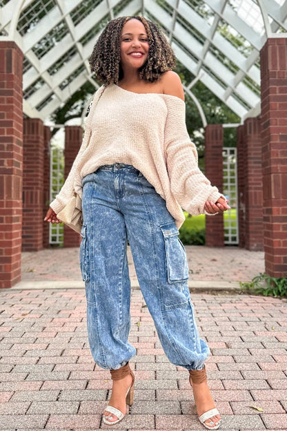 Beige V-Neck Soft Maternity Sweater