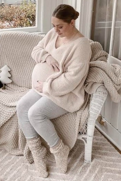 Beige V-Neck Soft Maternity Sweater