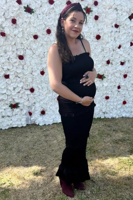 Black Satin Smocked Fitted Maternity Midi Dress