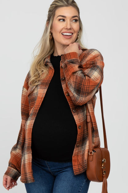 Rust Plaid Maternity Shacket