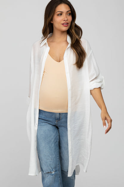 Ivory Button Front Side Slit Oversized Maternity Blouse