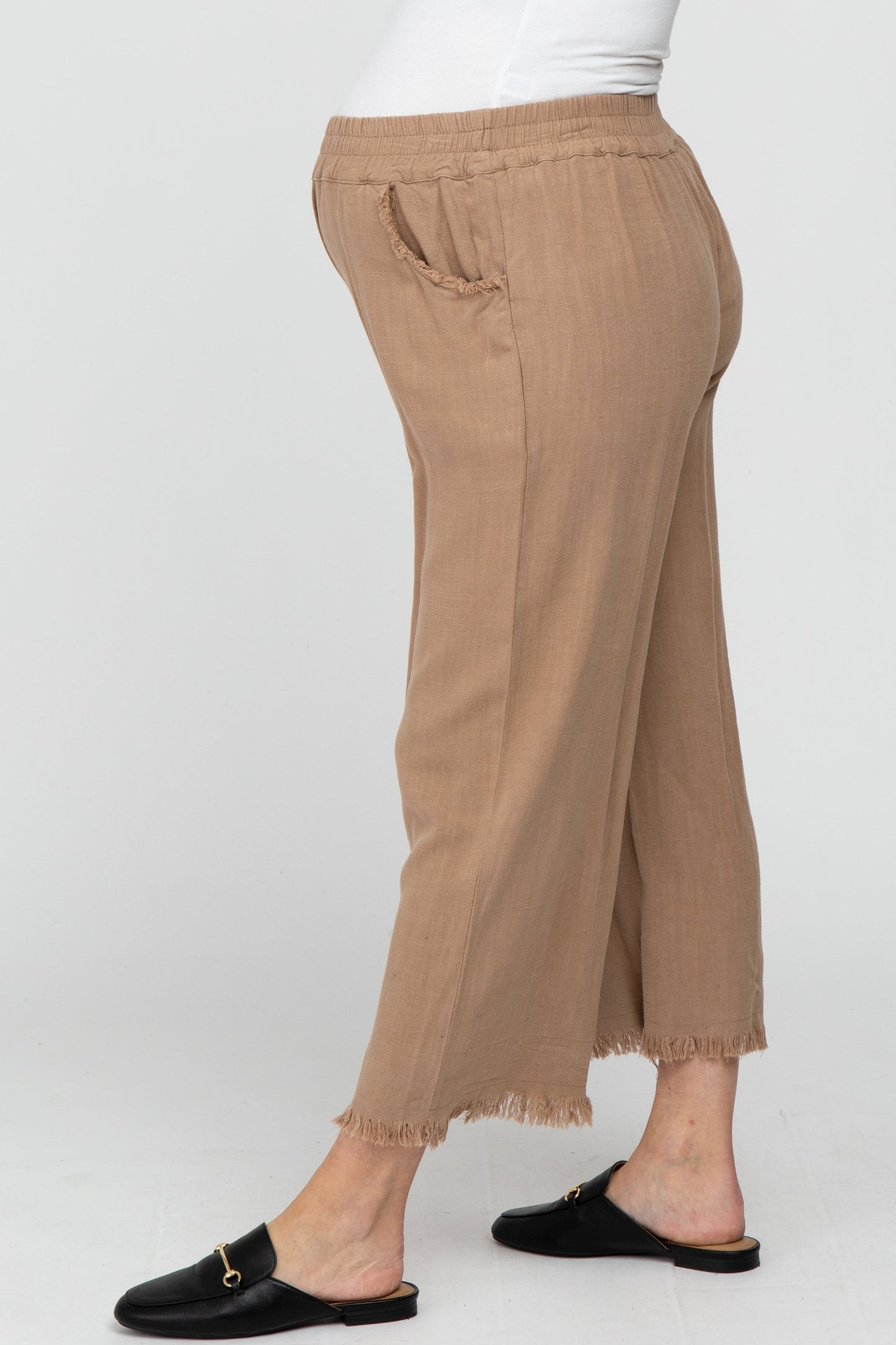 Taupe Linen Frayed Hem Crop Maternity Pants