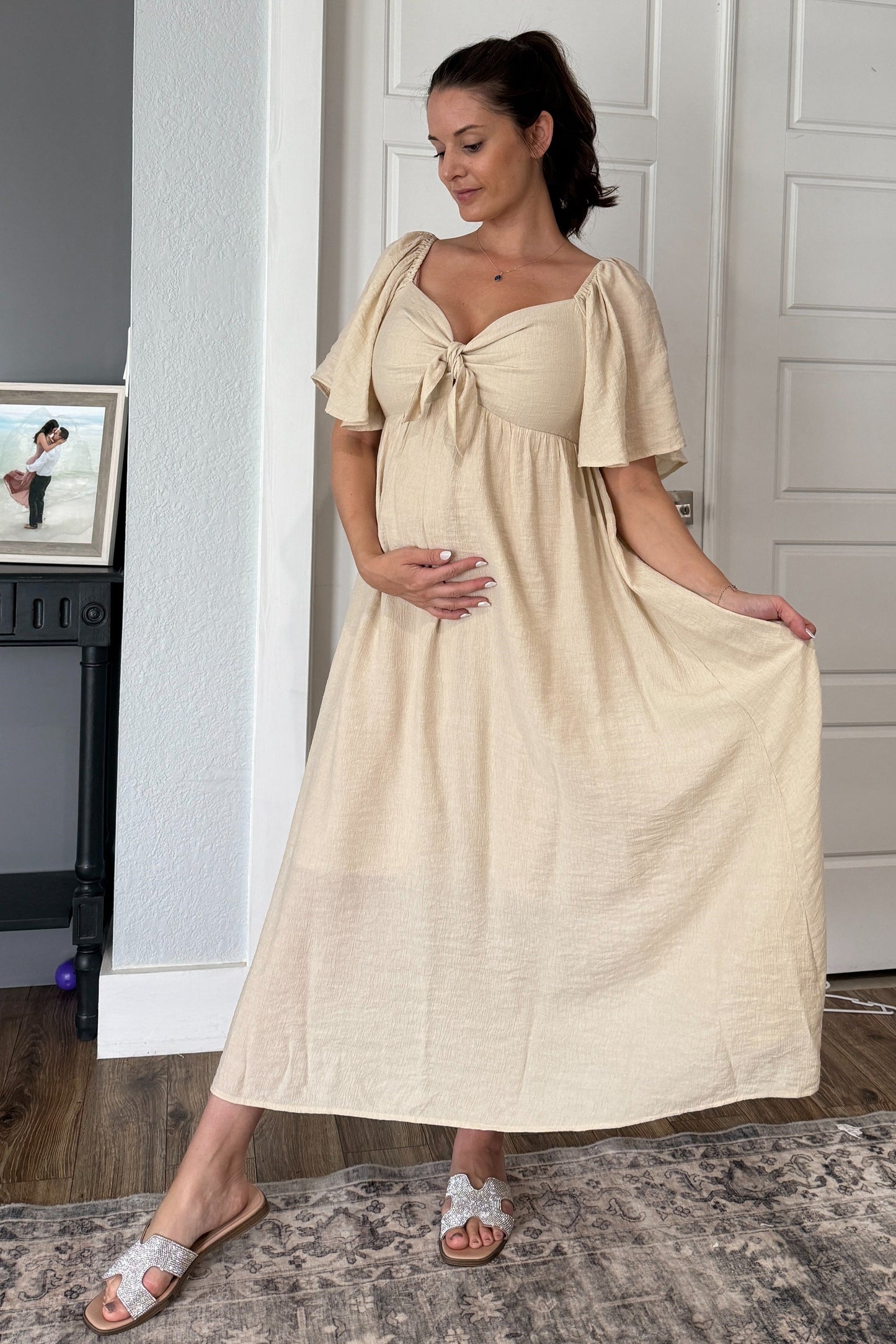 Beige Front Tie Ruffle Sleeve Maternity Midi Dress