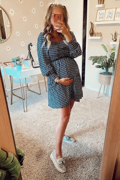 Black Plaid Smocked Maternity Dress
