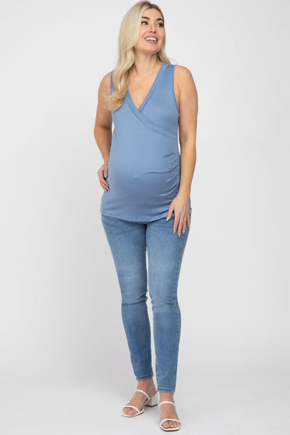 Blue Crossover Ruched Maternity Nursing Tank