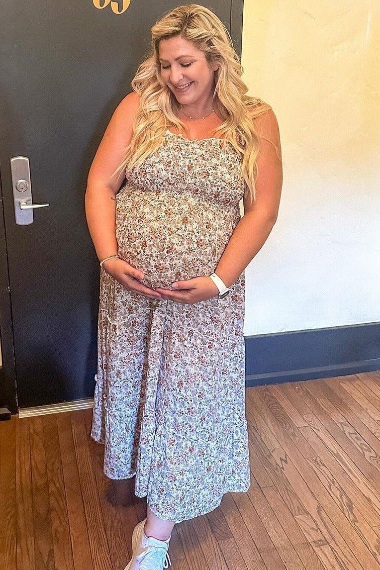 Beige Floral Sleeveless Tiered Maternity Maxi Dress