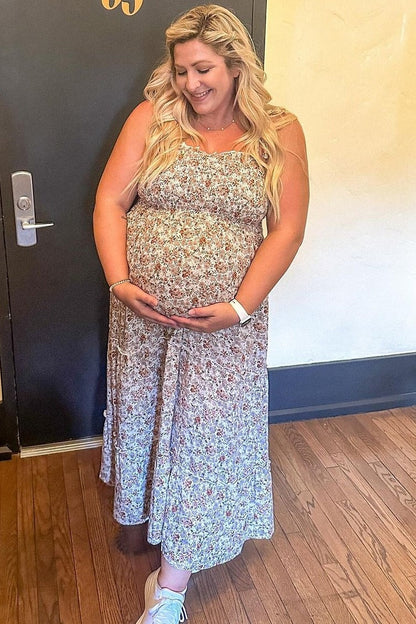 Beige Floral Sleeveless Tiered Maternity Maxi Dress