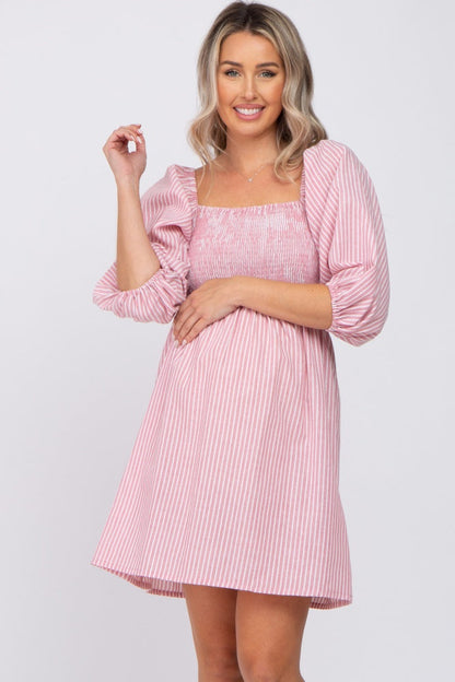 Mauve Striped Smocked Puff Sleeve Maternity Dress