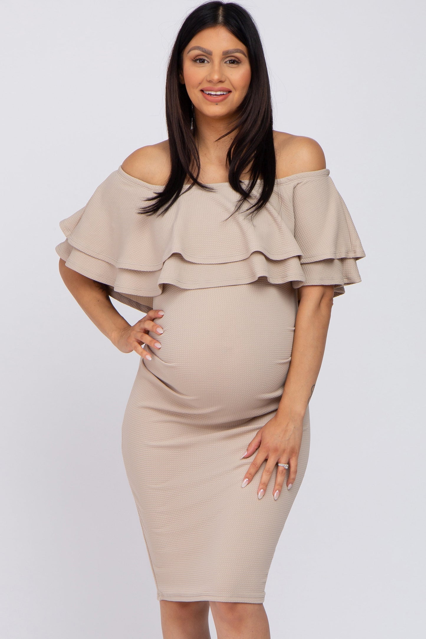 Beige Ruffle Off Shoulder Ruched Maternity Dress