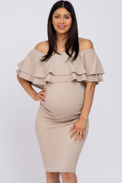 Beige Ruffle Off Shoulder Ruched Maternity Dress