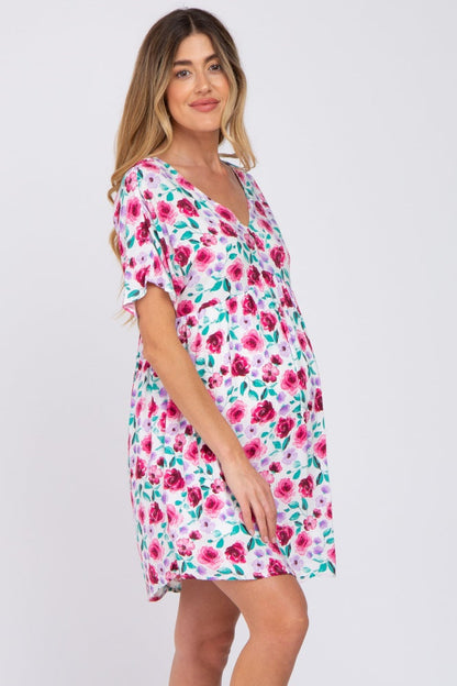 Ivory Floral Short Sleeve Babydoll Maternity Dress