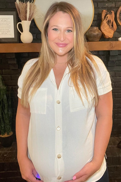 Ivory Collared Button-Down Short Sleeve Maternity Blouse