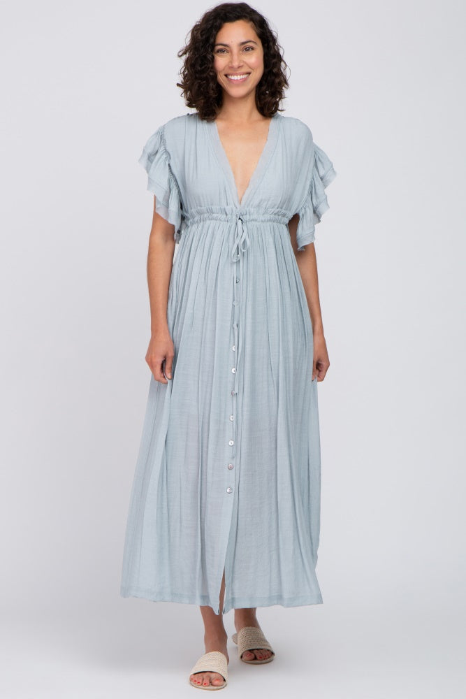 Light Blue Deep V-Neck Button Down Maternity Maxi Dress
