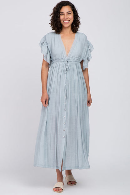 Light Blue Deep V-Neck Button Down Maternity Maxi Dress