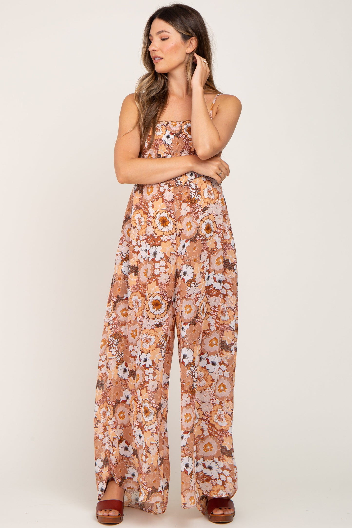 Camel Floral Sleeveless Maternity Jumpsuit