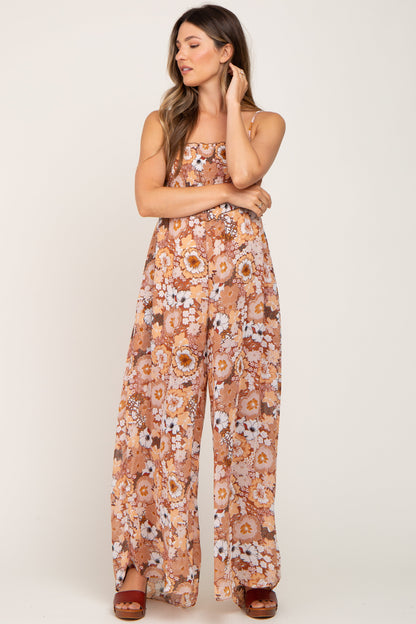 Camel Floral Sleeveless Maternity Jumpsuit