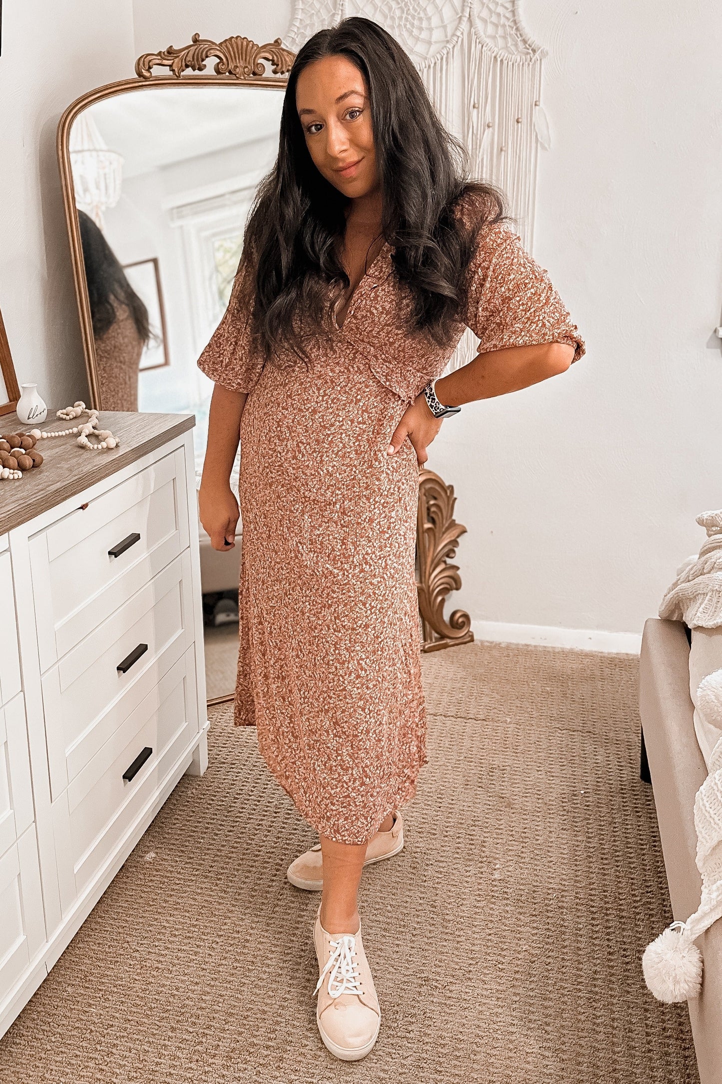 Rust Floral Ruffle V-Neck Maternity Midi Dress